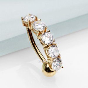 14 Karat Gold Classic Vertical Sparkle Reverse Belly Button Ring